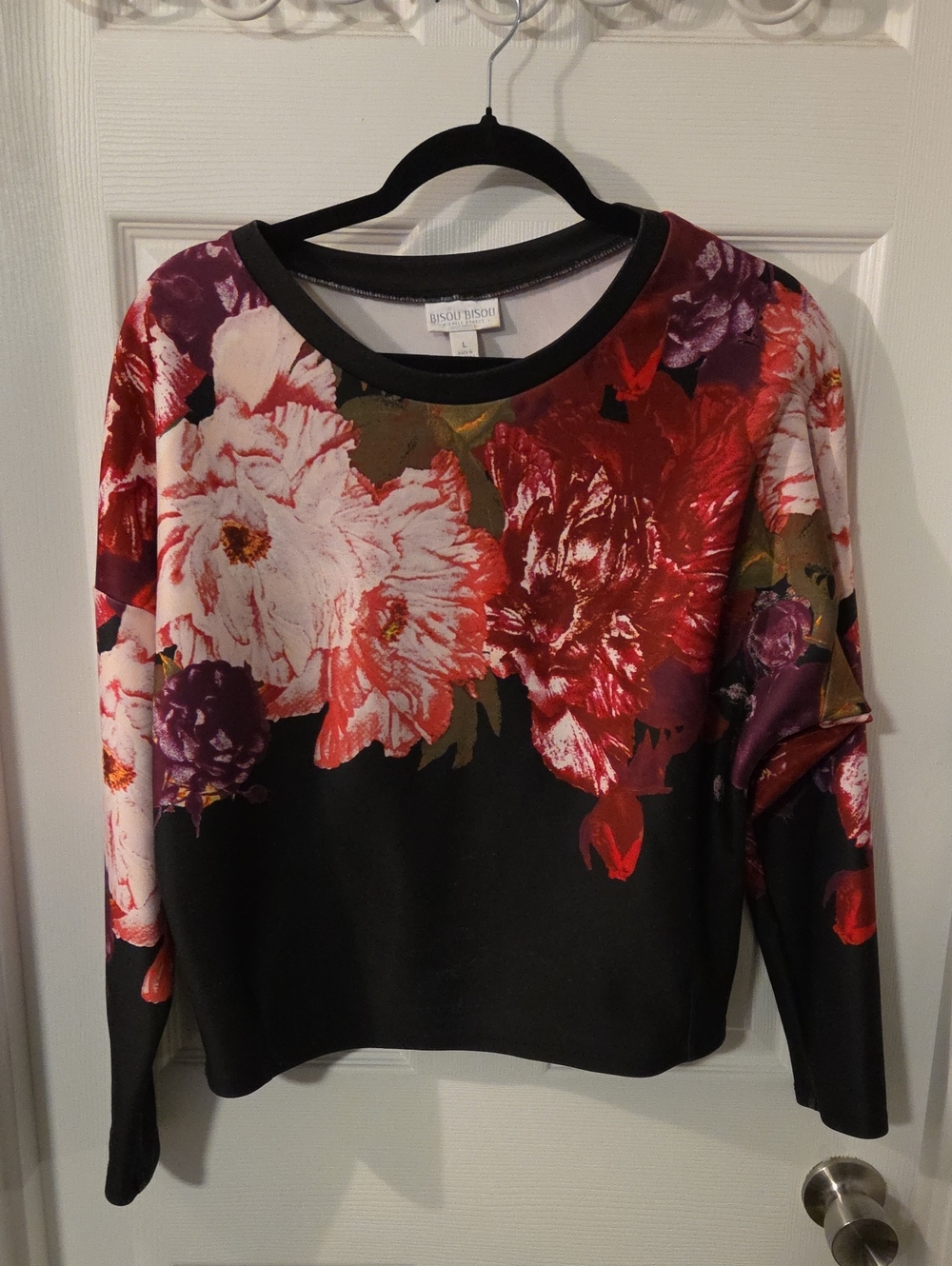 Bisou Bisou Vivid Floral Scuba Knit Pullover Top Crewneck Size L